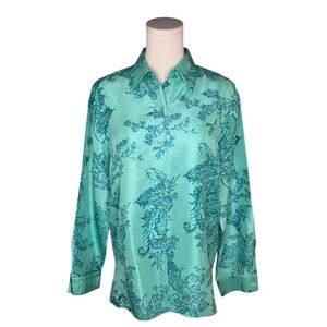 c.l.o.t.h.e.s Silk Floral Blouse Green Blue Button Down Long Sleeve Shirt S